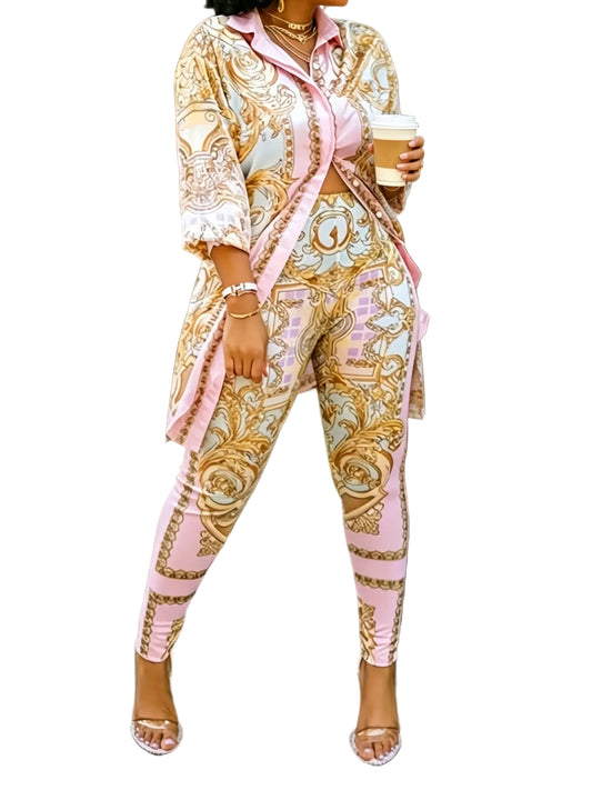 Women's Ornate Print Shirt and Pants Co-Ord Set Casual Elegance