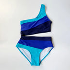 Color-Block One-Shoulder Bikini Set with Asymmetrical Neckline, Side Cutout Detail and Matching Low-Rise Bottom