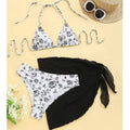 Three-Piece Pink Floral Triangle Bikini Set with Matching Sheer Sarong