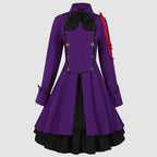 Vintage-Inspired Blue Victorian Coat Dress with Red Shoulder Cording and Bow Collar