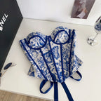 Vintage-Inspired Blue and White Toile Print Strapless Corset with Contrast Piping