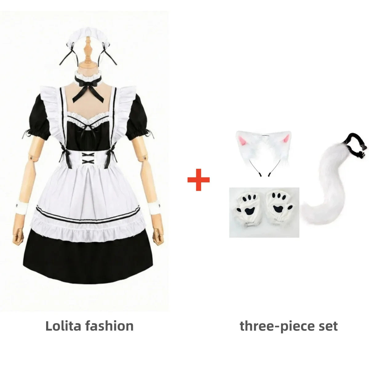 Complete Black and White Fox Maid Cosplay Set with Plush Paws, Tail, and Ear Headband