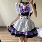 Pastel Tri-Color Lolita Maid Dress with Tiered Ruffles and Purple Bow Accent
