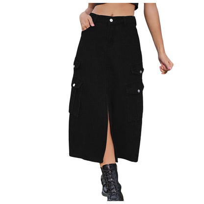 High Waist Cargo Midi Skirt with Utility Pockets Front Slit Streetwear Fashion