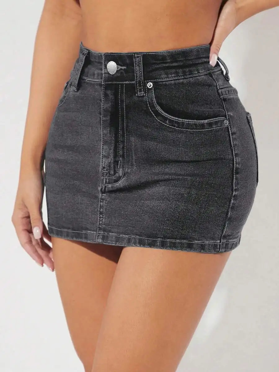 High Waist Stretch Denim Mini Skirt with Pocket Detail Slim Fit