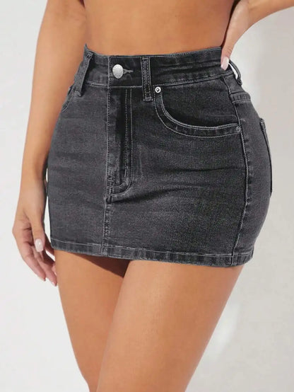 High Waist Stretch Denim Mini Skirt with Pocket Detail Slim Fit