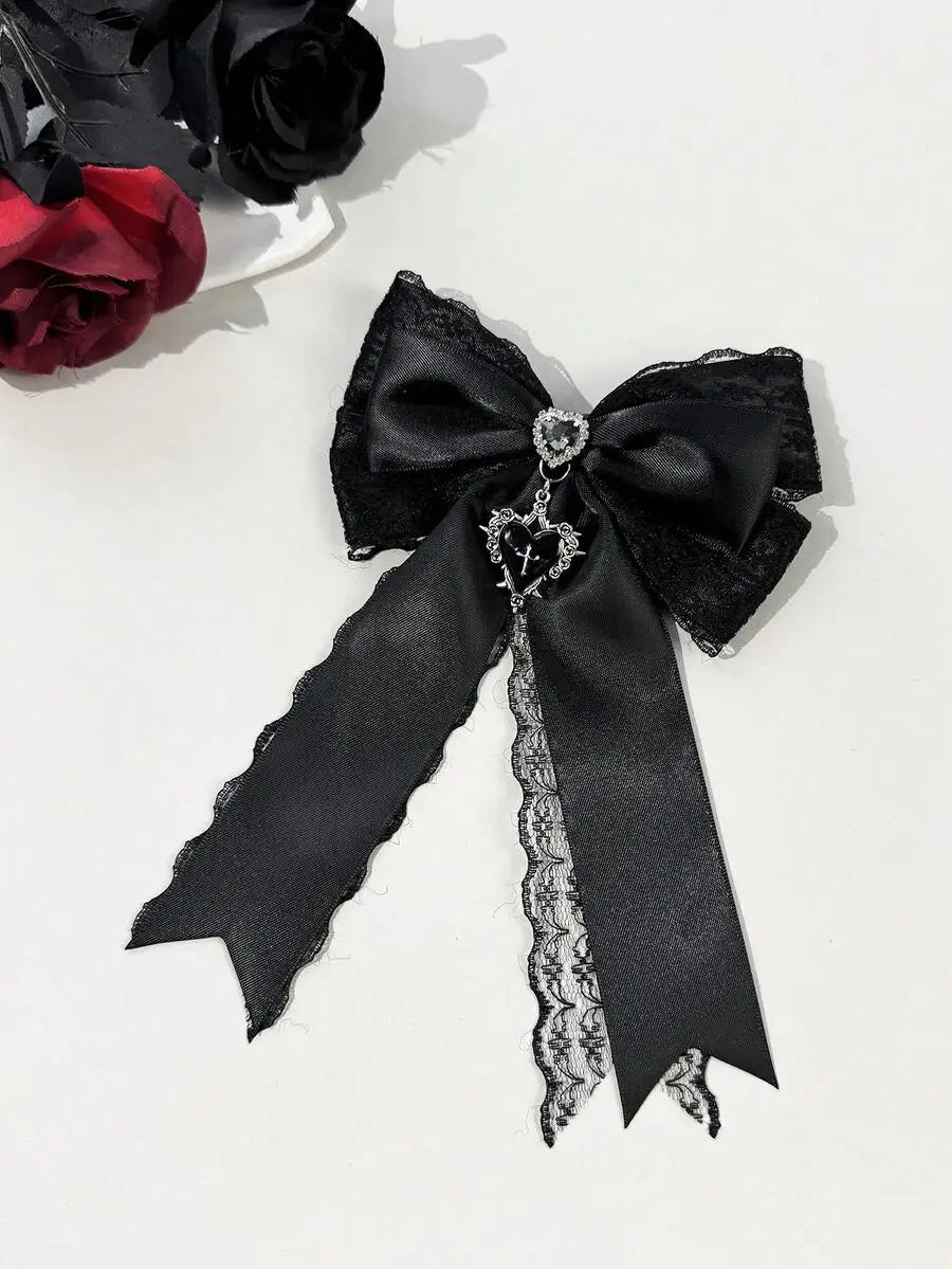 Gothic Mesh Bow Hair Clip With Cross Charm Alternative Statement Accessory