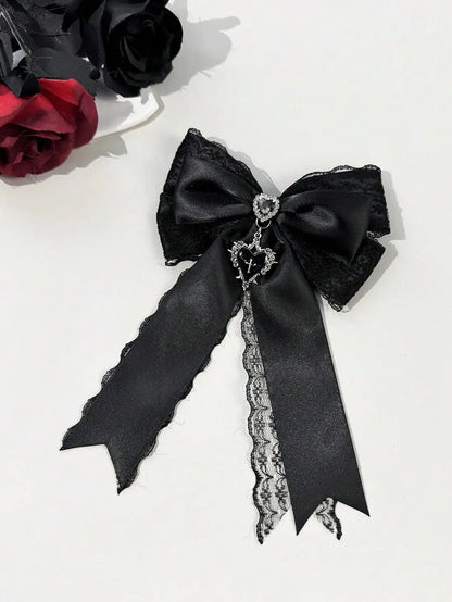 Gothic Mesh Bow Hair Clip With Cross Charm Alternative Statement Accessory