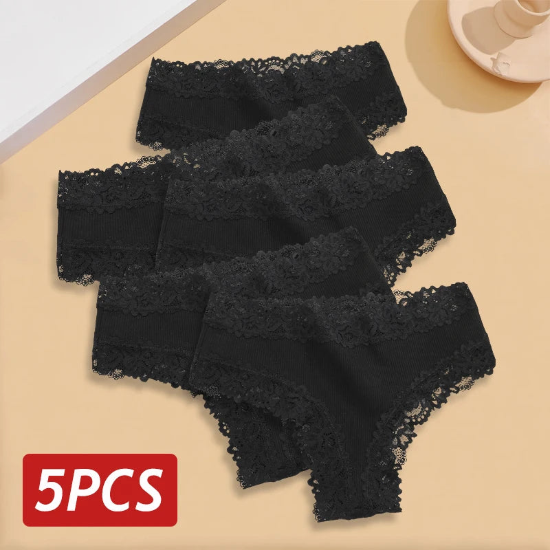 Five-Piece Ribbed Cotton-Blend Brazilian Panty Set with Floral Lace Trim