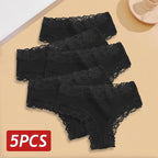 Five-Piece Ribbed Cotton-Blend Brazilian Panty Set with Floral Lace Trim