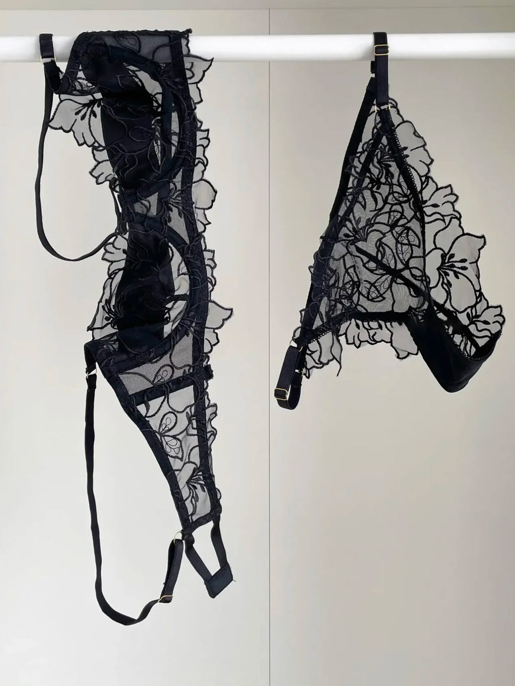 Embroidered Sheer Floral Lace Demi-Cup Bra and Matching Low-Rise Thong Set