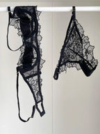 Embroidered Sheer Floral Lace Demi-Cup Bra and Matching Low-Rise Thong Set