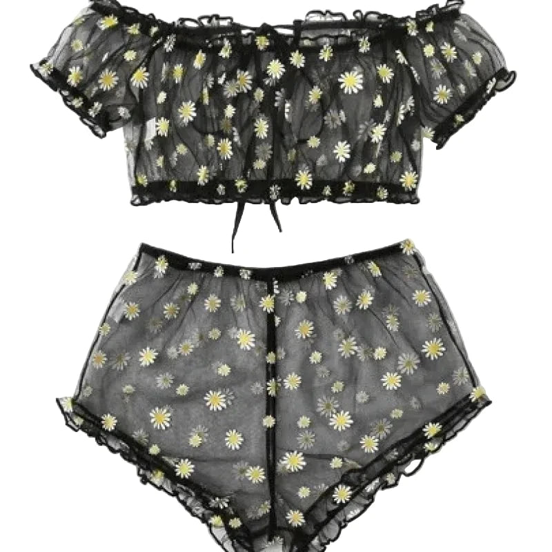 Sheer Black Mesh Daisy Print Two-Piece Loungewear Set with Ruffled Crop Top and Shorts