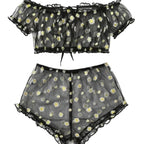 Sheer Black Mesh Daisy Print Two-Piece Loungewear Set with Ruffled Crop Top and Shorts