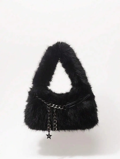 Faux Fur Hobo Shoulder Bag with Chain Detail Y2K Inspired Styling
