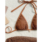 Earthy Textured Three-Piece Triangle Bikini Set with Cowrie Shell Accents and Net Skirt