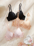 Romantic Floral Lace Push-Up Bra Set with Scalloped Edges and Rhinestone Accents