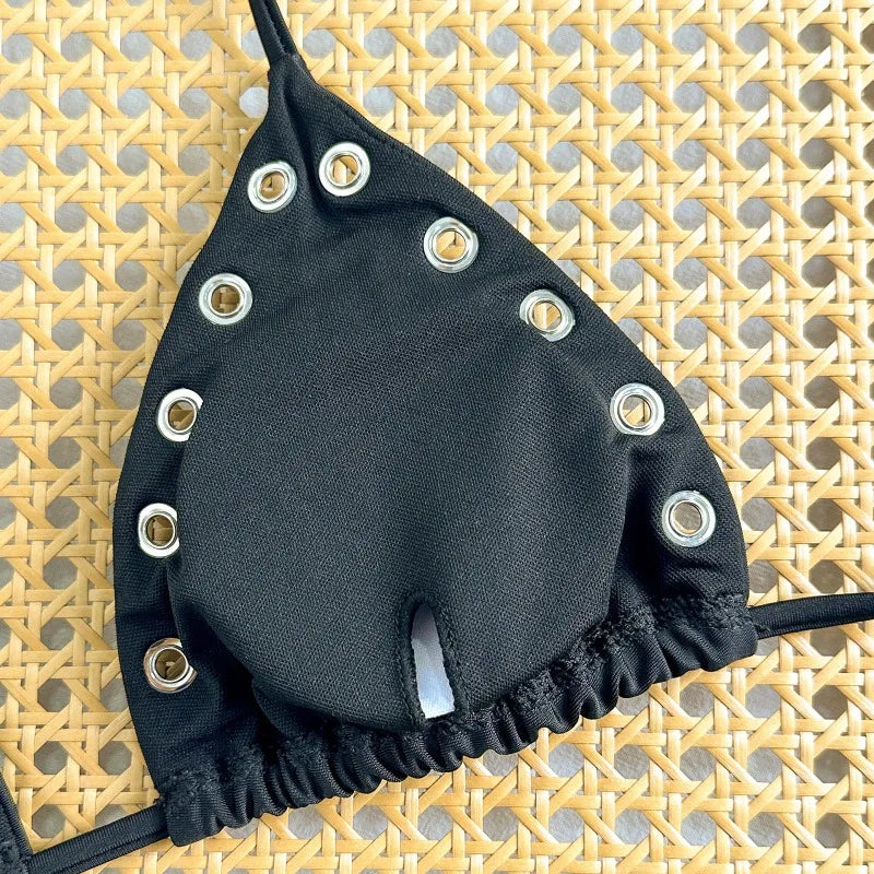 Sleek Black Triangle String Bikini with Metallic Rivet Hardware