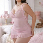 Romantic Pink Ruched Mini Slip Dress with Asymmetrical Ruffled Hemline
