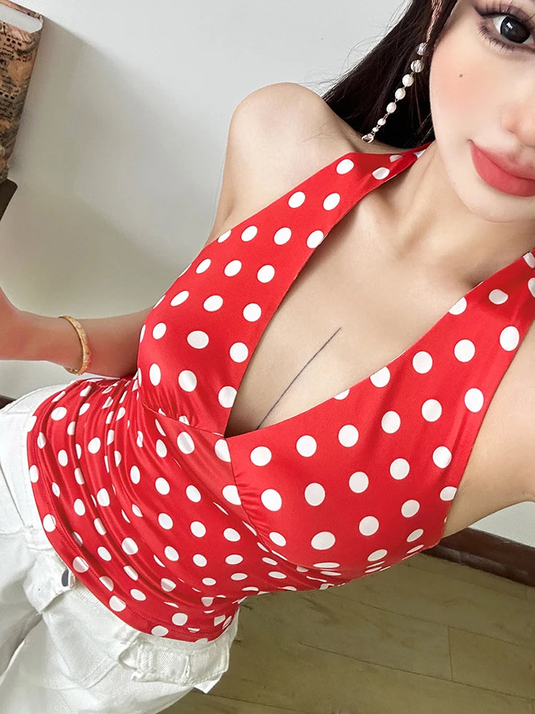 Polka Dot Halter Crop Top with V-Neck Slim Fit Streetwear Summer Style