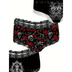 3-Piece Women’s Black and Red Skull Print Briefs Set with Lace Details, Floral Accents and Edgy Alternative Style