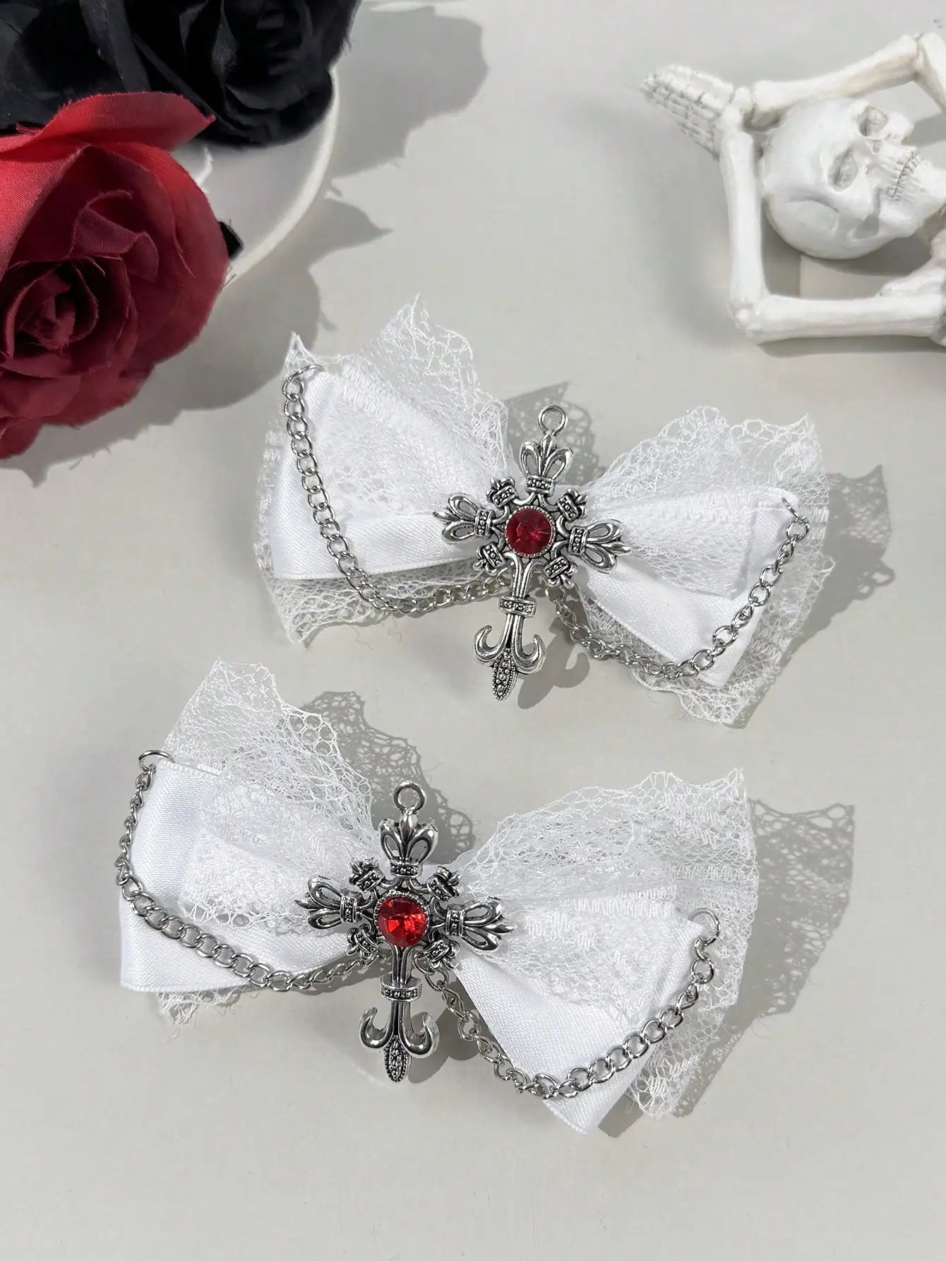 Gothic Lace Bow Hair Clips With Cross Chain Statement Accents