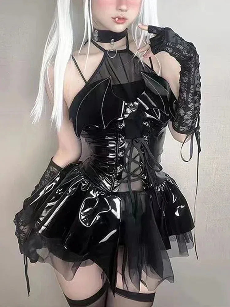 Glossy Gothic Halter Mini Dress with Lace-Up Bodice and Tulle Skirt