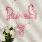 Shimmering Light Blue Satin and White Lace Underwire Demi Bra Set
