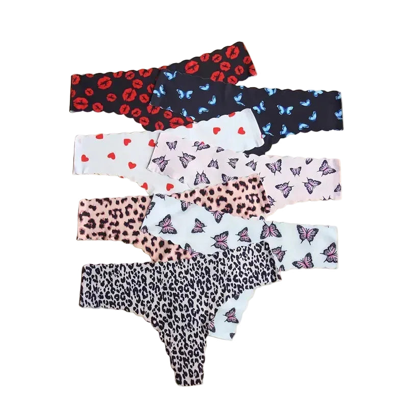 7-Piece Women’s Printed Seamless-Style Briefs Set with Butterfly, Heart and Lip Motifs, Assorted Colors and Playful Design