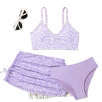 Girls' Floral Two-Piece Bikini Set with Coordinating Skirt, Cute Summer Swimwear Design for Young Children