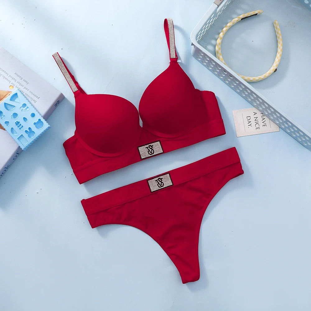 Rhinestone Logo Strap Plunge Push-Up Bra and Matching Embellished Brazilian Thong Set