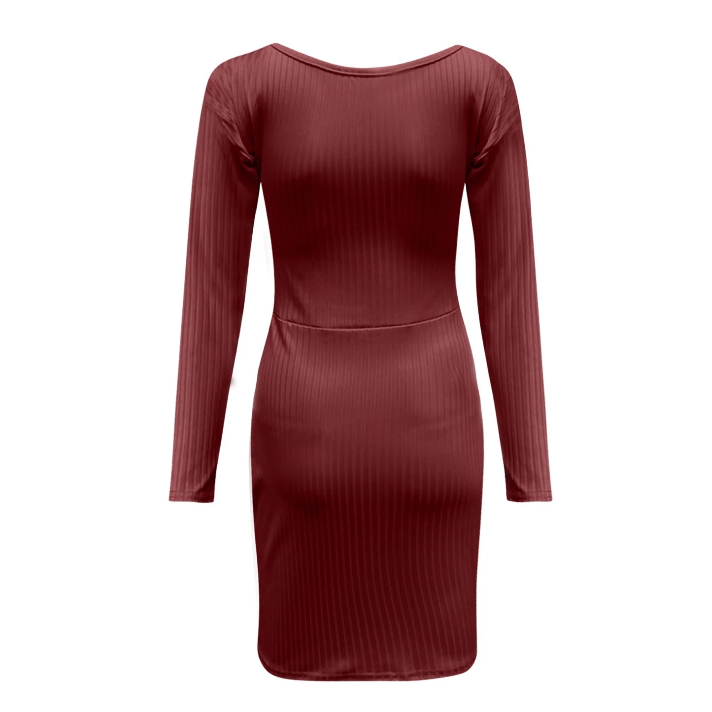 Ribbed Knit Bodycon Mini Dress with Long Sleeves and V Neckline