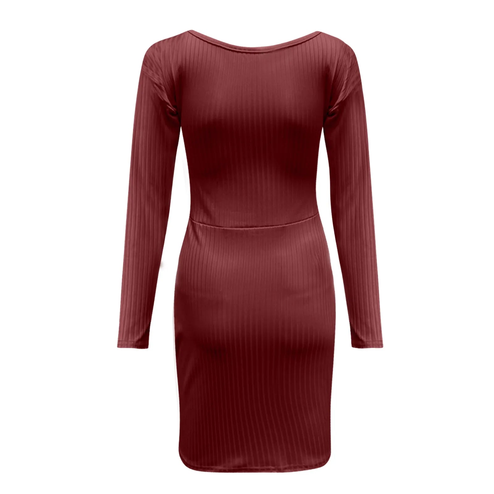 Ribbed Knit Bodycon Mini Dress with Long Sleeves and V Neckline
