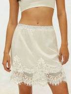 Satin Lace Trim Mini Skirt with Elastic Waist A-Line Silhouette