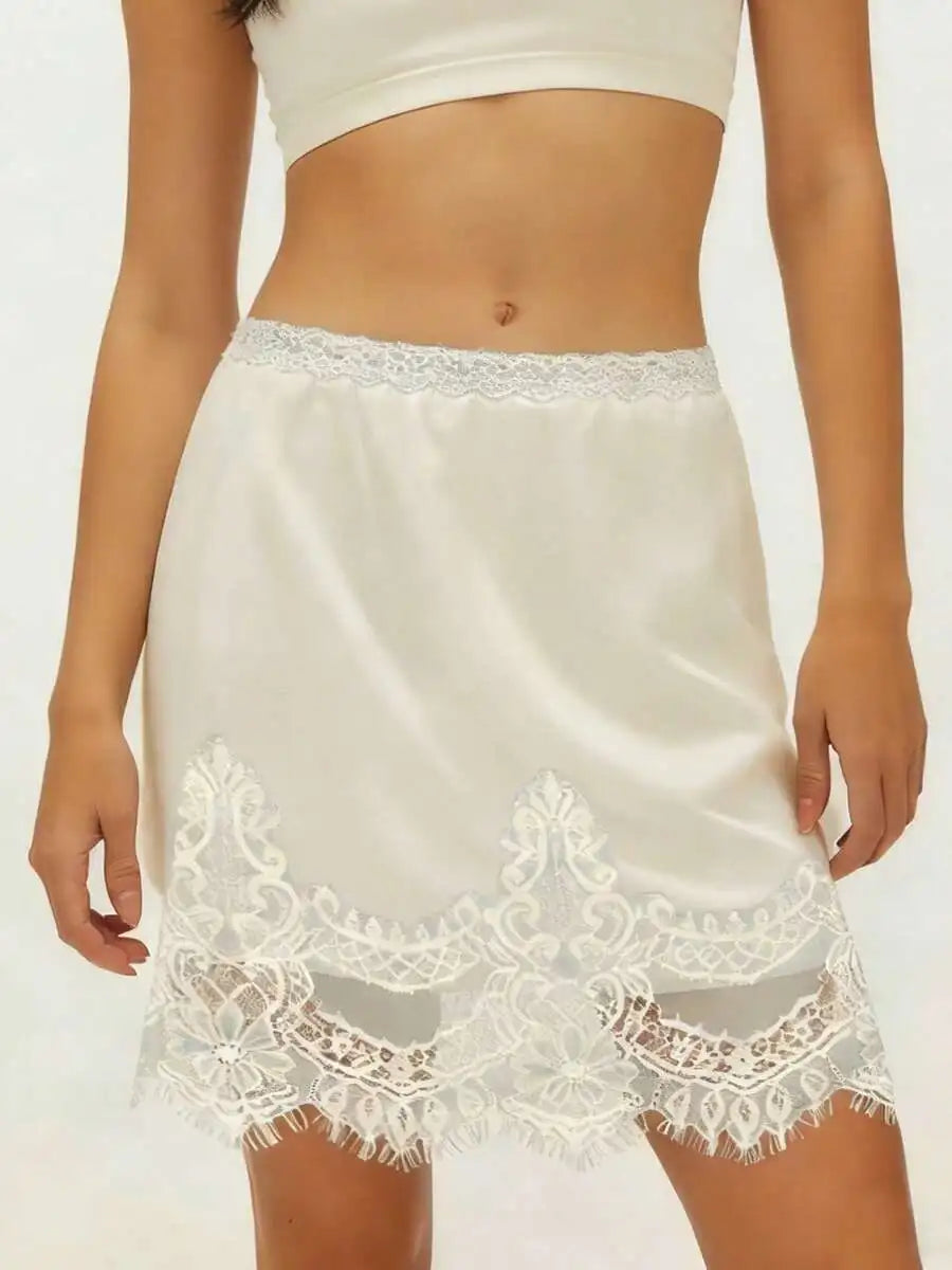 Satin Lace Trim Mini Skirt with Elastic Waist A-Line Silhouette