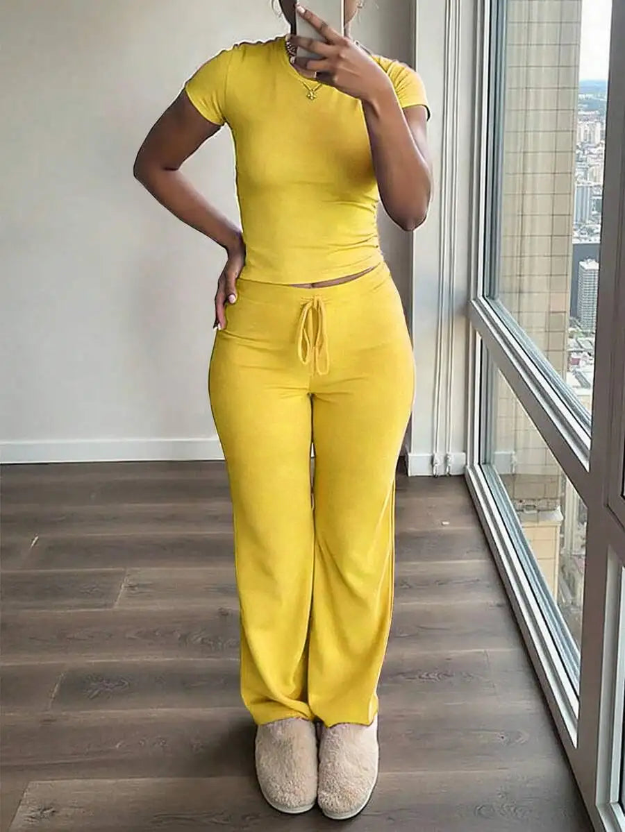 Women's Short Sleeve T-Shirt and Pants Co-Ord Set Relaxed Casual Outfit