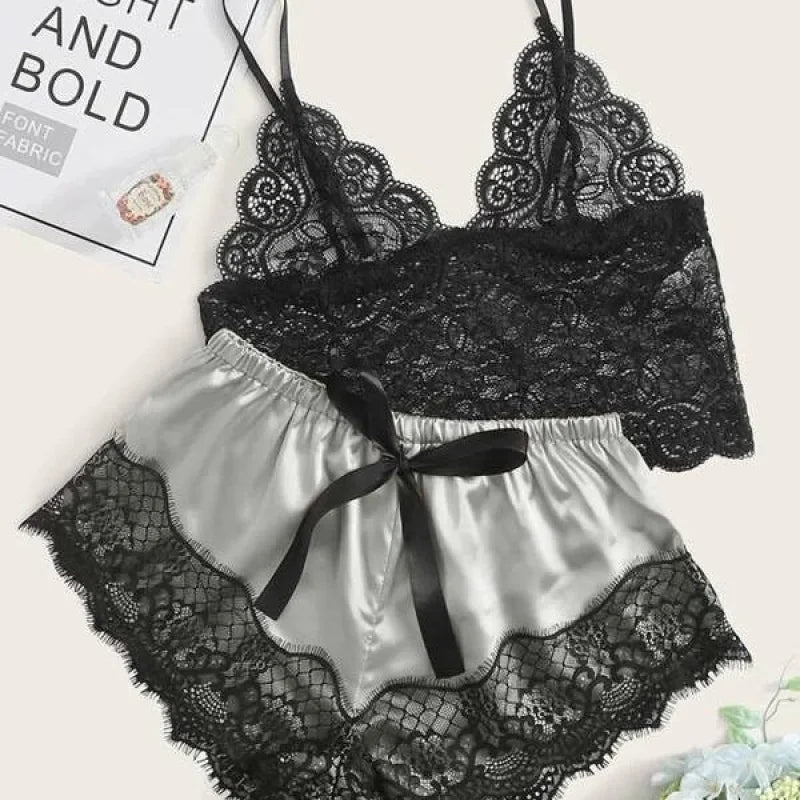 Romantic Sheer Black Lace Bralette and Blush Satin-Finish Shorts Sleep Set