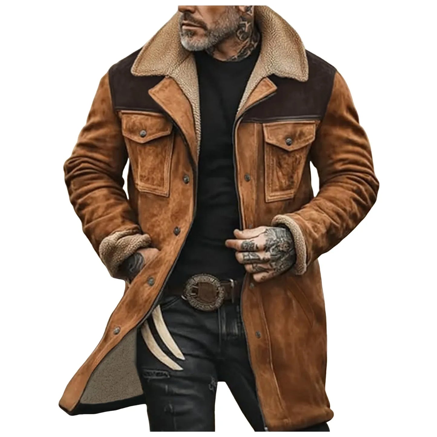 Men's Vintage Faux Suede Utility Jacket with Sherpa Collar and Multi Pocket Design