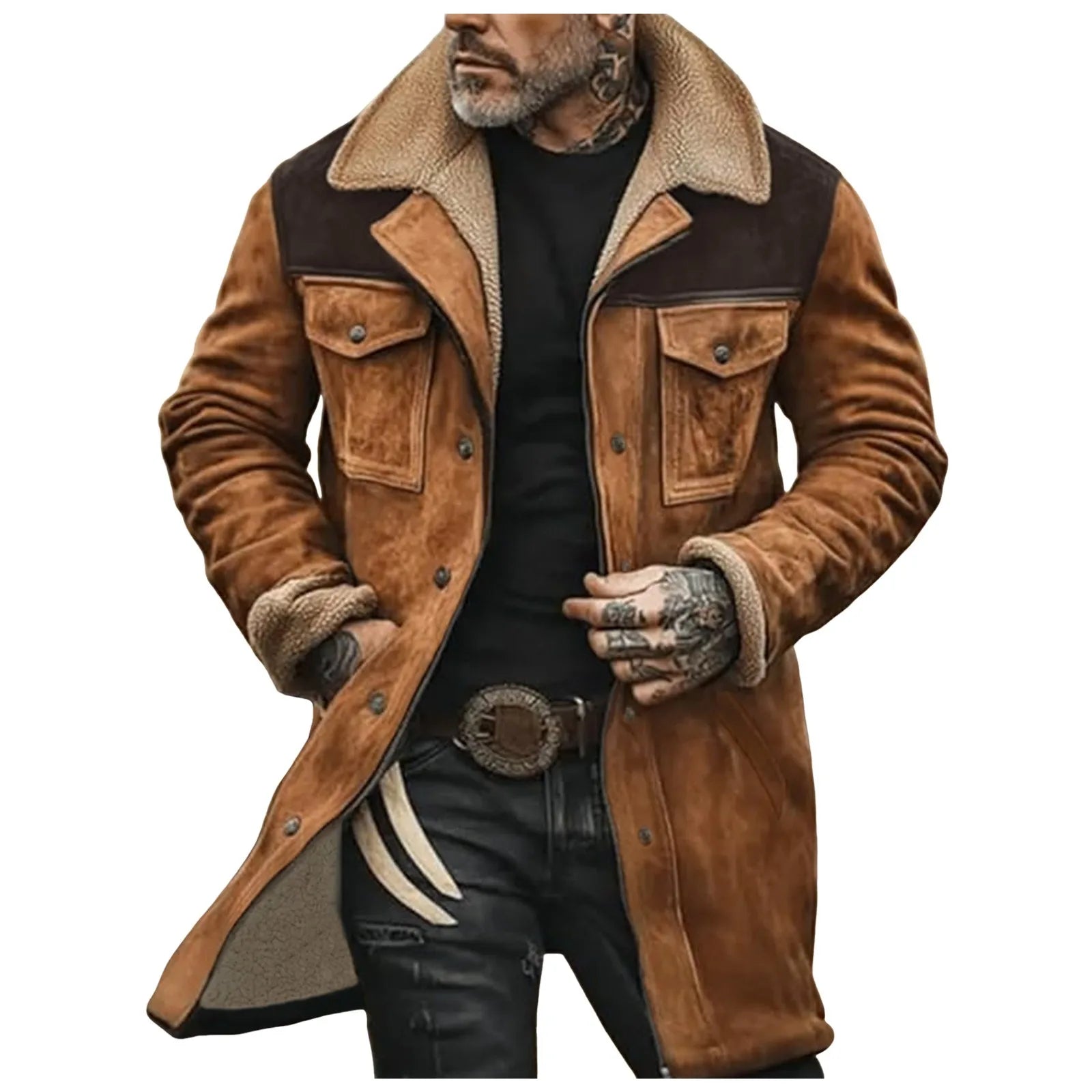 Men's Vintage Faux Suede Utility Jacket with Sherpa Collar and Multi Pocket Design