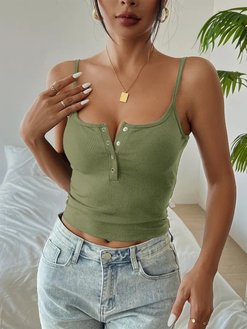 Button Front Corset Crop Top with Spaghetti Straps Slim Streetwear Fit