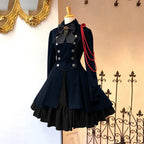 Medieval-Inspired Green and Black Flared Coat Dress with Decorative Bow and Brass-Tone Buttons