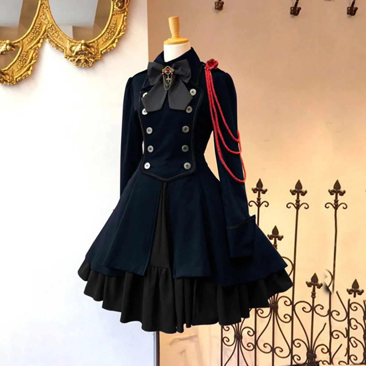 Medieval-Inspired Green and Black Flared Coat Dress with Decorative Bow and Brass-Tone Buttons