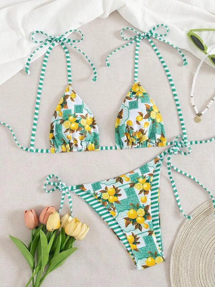 Playful Lemon and Stripe Mixed-Print Triangle Bikini Set