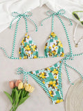 Playful Lemon and Stripe Mixed-Print Triangle Bikini Set