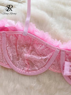 Romantic Light Pink Sheer Mesh and Tulle Ruffle Lingerie Set