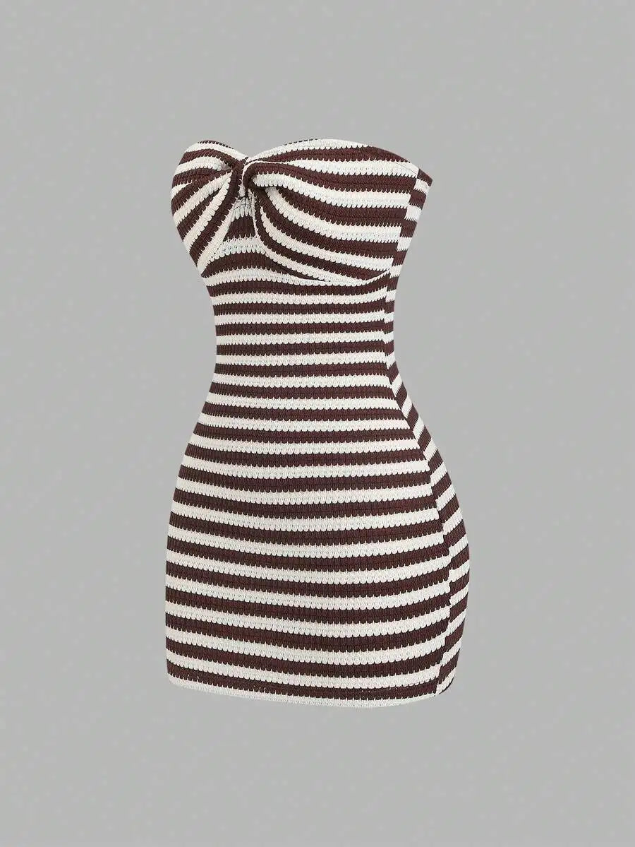 Striking Red and White Striped Strapless Bodycon Tube Dress