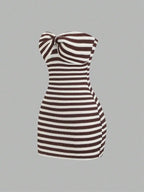 Striking Red and White Striped Strapless Bodycon Tube Dress
