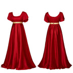 Vintage-Inspired Satin Maxi Dress with Puff Sleeves and Empire Waist
