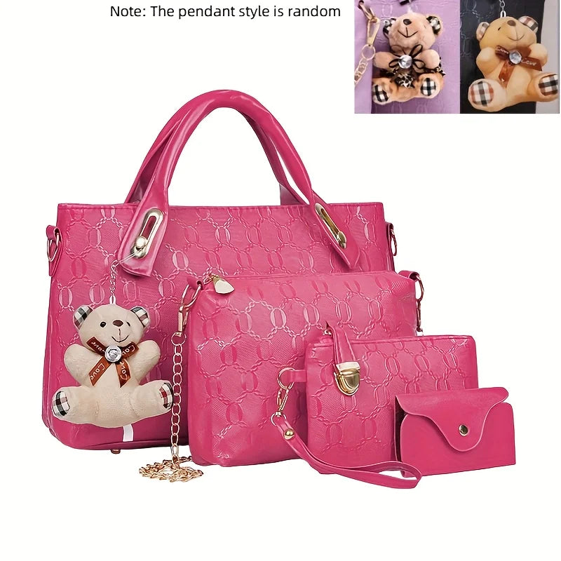 Embossed PU Leather Tote Bag Set with Crossbody Purse and Wallet