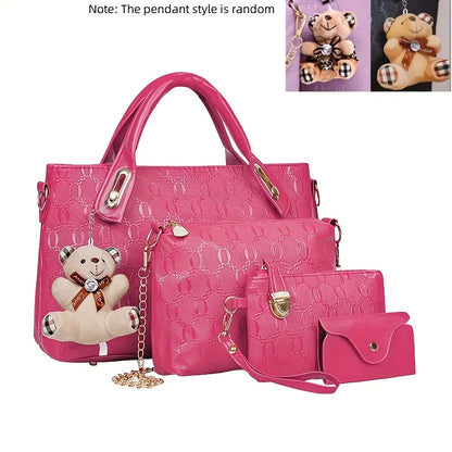 Embossed PU Leather Tote Bag Set with Crossbody Purse and Wallet